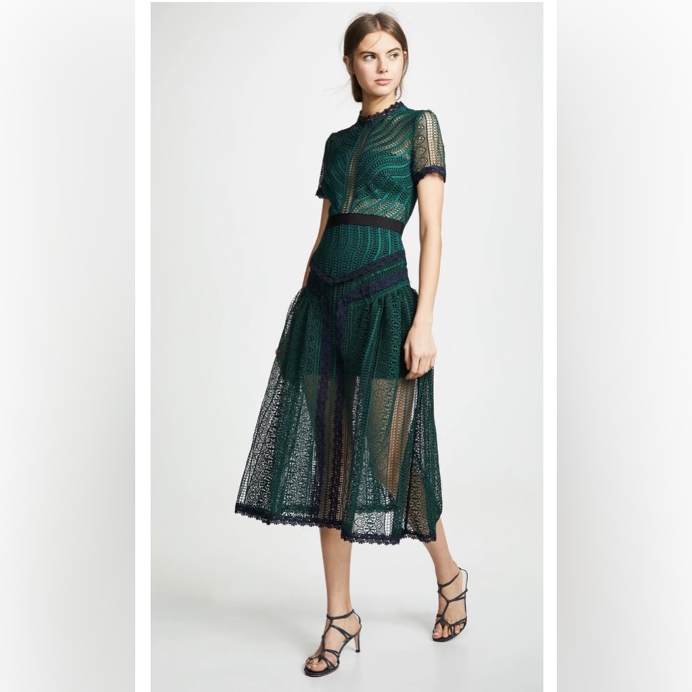 Never Worn Women’s Self-Portrait Green Wave Lace Dress - Midi US 10